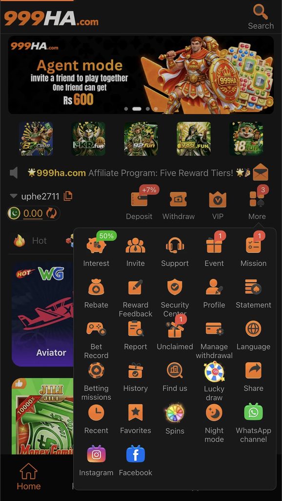 Game main options showing available features and sections