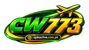 CW773 Game logo with green and gold design and apkactive.com.pk branding